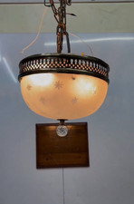 Vintage Art Deco Brass Pendant Light Frosted Star Cut Glass Hanging Chandelier picture