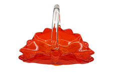 Vtg Viking Art Glass Double Crimp Basket Orange Red Clear Handle UV Cadium Glow picture