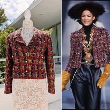 Vintage CHANEL Fantasy Tweed Runway Jacket Multicolor Red Gold CC Buttons FR 40 picture
