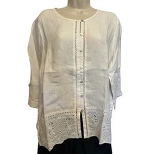 J. Jill Love Linen White Eyelet Embroidered Button Front Top Large Petite LP picture