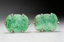 Chinese Green Jadeite Carved Gold Filled Earrings picture