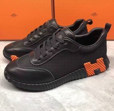 Hermès Unisex Black Mesh Leather Sneakers Orange Serrated Sole Lace‑Up Luxury  picture