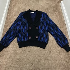 Vintage Marie St John Knit Pullover V Neck Sweater Blue Black Buttons Size P picture