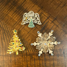 Lot of 3 Christmas Brooch Pins Angel Tree Snowflake Gold Silver Clear Rhinestone picture