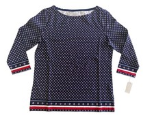 Talbots Tee Womens Petite MP Navy Red Geometric Print 3/4 Sleeve Boat Neck Top N picture