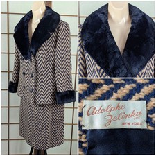 Vintage 1960s Adolphe Zelinka Wool Skirt Suit Set Navy Beige Fur Trim Mob Wife S picture
