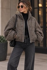 Papermoon Women’s M Geometric Herringbone Wool-Blend Bomber Jacket Cropped picture