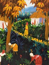 Vibrant Haitian Village Original Signed Painting, Cultural Fine Art Decor Gifts picture