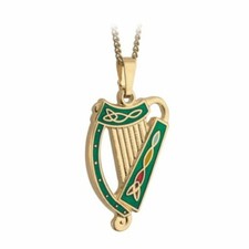 Solvar Irish Harp Necklace Gold Plated & Green Made in Ireland  1/2