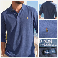 vtg Polo Ralph Lauren Long Sleeve Polo Shirt S Blue Pima Interlock Flesh Pony picture