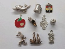Sterling Silver ~ Lot Of 10 Vintage Charms ~ Shoe, Ship, Rabbit, Tankard, Apple picture
