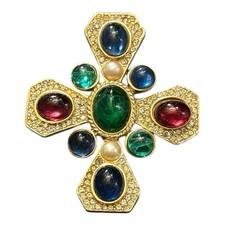 Ciner Vintage Maltese Cross Brooch Poured Glass Cabochon Rhinestone FLAWED picture