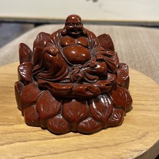 Laughing Buddha Lotus Flower Meditating Hand Carved Statue Art Red Resin. 3”x4” picture