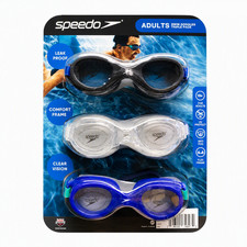 SPEEDO 3 Pack Comfort Adult Swim Goggles Anti Fog Leak Proof Blue / Gray / Clear picture