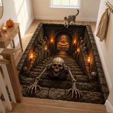 Skeleton Dungeon Staircase Area Rug, Scary Halloween 3D Illusion Floor Mat picture