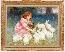 Hand Painted Oil Painting Cute Little Girl Feeding White Rabbits Forest Bluebell picture