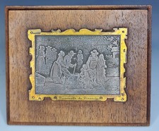 VINTAGE FRENCH PEWTER WOOD PLAQUE SAUVAGE QUIMPER PROMENADE DU DIMANCHE WALL ART picture