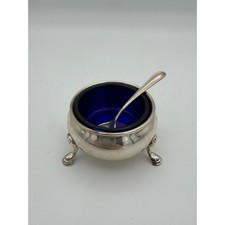 Antique Sterling Silver Salt Cellar with Cobalt Blue Glass Liner and Spoon 38g picture