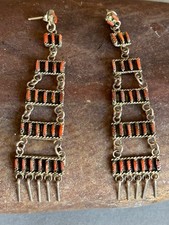 Old Pawn Zuni Sterling Silver with Coral Earrings. 3 1/4” Drop ..Needle Point .. picture
