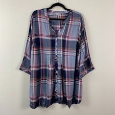 Catherines Button Front Tunic Size 2X Dark Mauve Multi Plaid 3/4 Sleeves picture