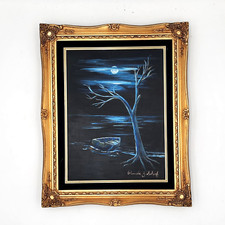 Original Pamela J Scharf Oil Painting - Signed Moonlit Seascape Framed 21x25 picture