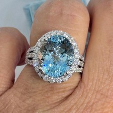 4.40Ct Oval Lab-Created Aquamarine Halo Engagement Ring 14K White Gold Plated picture