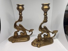 Vintage Brass Griffin Dragon Candlesticks Pair Gothic Ornate Candle Holders picture