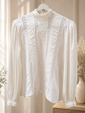 Vintage Laura Ashley Ivory Victorian Lace Pintuck High Neck Blouse Cotton EUC picture