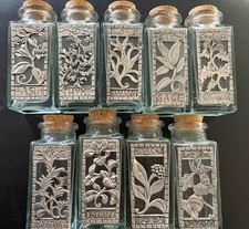 9 Recycled Glass And Pewter Decorative Spice Jars W/ Cork Stoppers Spain picture