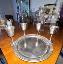 EB Rogers Round Pewter Serving Tray Set 5 w/ 4 Goblet Cups Polished VTG picture
