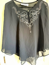Another Thyme Womens L Black Solid Sheer Rhinestone V-Neck 3/4 Tunic Blouse picture