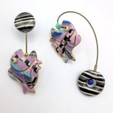 Vintage Cynthia Chuang J10 Postmodern Ceramic Fish Drop Pierced Earrings picture