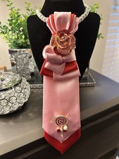 Pink Red Satin Women's Neck Tie with Decorative Flower and Beaded Embellishments picture