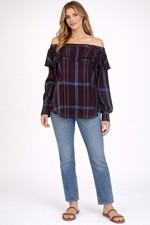 Ann Taylor LOFT Womens Small Purple Plaid Off Shoulder Ruffle Blouse Top picture