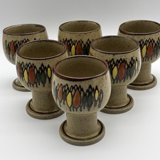 Lot OF 6 RARE OTAGIRI Vtg Stoneware Goblets Japan 70s  Forest Trees Stickers picture