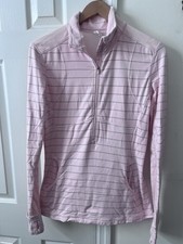 Lululemon Sz 12 Pink W/Gray Stripes 1/2 Zip Long Sleeve W/Thumbholes Top Pockets picture