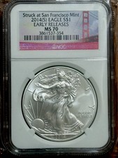2014 (S) Silver Eagle 🦅NGC “Struck In San Francisco” Rare Bridge Label ER MS70 picture