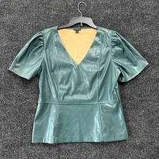 Ann Taylor Faux Leather Peplum Top Womens M Medium Green Puff Sleeve V Neck picture