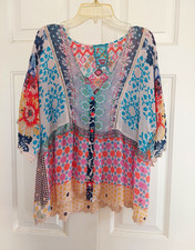 Johnny Was Women's Silk Chiffon Tunic Blouse S Multicolor Patchwork Embroidered picture