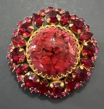Vintage Signed Austria Red Pink Foil Cabochon Rhinestone Brooch picture