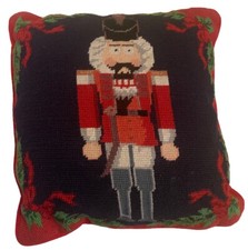 VTG Needlepoint Nutcracker Accent Xmas Decor Throw Pillow Velvet 13x13” picture