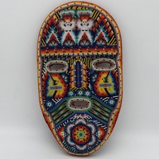 Vintage Mexican Huichol Beaded Mask Hand Carved Wood Wixarika Folk Art 11