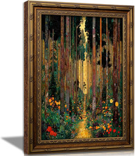Vintage Gold Framed Forest Wall Art, Tree Path Art Nouveau Canvas Print, Abstrac picture