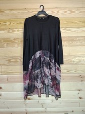 Black Abstract Print Sheer Hem Midi Dress Artsy Boho Tunic Oversized Lagenlook  picture
