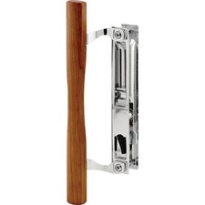 Chrome Patio Door Handle with Wood Pull 6 5/8 Inch Mounting Non Handed Latch Set picture
