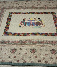 VTG hand-stitched cotton throw quilt featuring a “Guilting Bee” painted appliqué picture