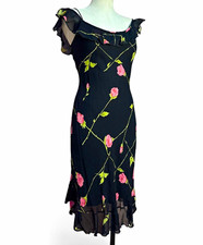 Vintage Betsey Johnson black floral chiffon ruffle sheath midi dress Size 2 picture