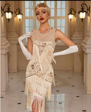 FLAPPER 1920s DRESS-Apricot Sequin Beaded and Fringed Dress, 3 Sizes picture
