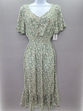 Anthropologie Kindred PL Sage Dress Floral Smocked Ruffle Golden Buttons picture