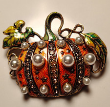 Signed Pumpkin Brooch Pin Orange Enamel Gold Tone Simulated Pearl Crystal picture